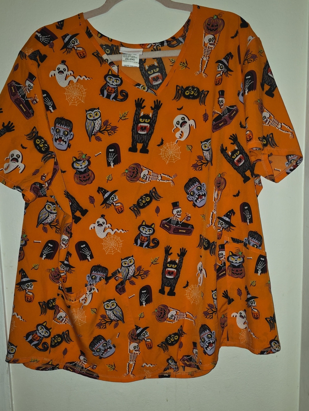 Scrubstar Orange Halloween Print Women's V-neck Scrub Top